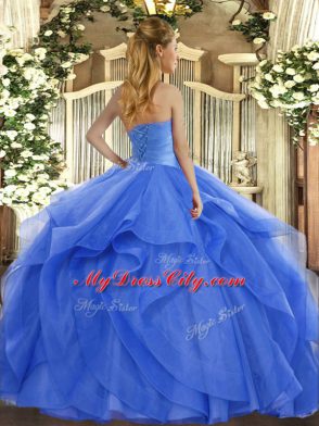 Strapless Sleeveless Tulle Quince Ball Gowns Ruffles Lace Up