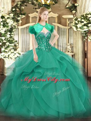 Beading and Ruffles Quinceanera Gown Turquoise Lace Up Sleeveless Floor Length