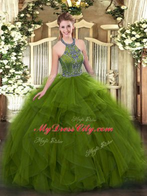 Fashionable Floor Length Olive Green Sweet 16 Quinceanera Dress Halter Top Sleeveless Lace Up