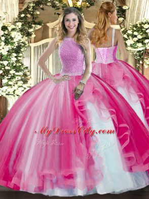 Inexpensive Sleeveless Floor Length Beading and Ruffles Lace Up Quinceanera Dress with Hot Pink