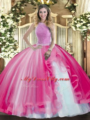 Inexpensive Sleeveless Floor Length Beading and Ruffles Lace Up Quinceanera Dress with Hot Pink