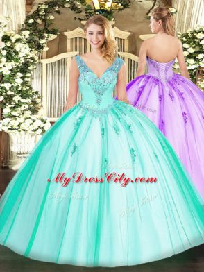Turquoise Sleeveless Floor Length Beading Lace Up 15 Quinceanera Dress