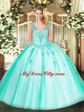 Turquoise Sleeveless Floor Length Beading Lace Up 15 Quinceanera Dress