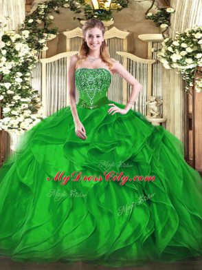 Colorful Strapless Sleeveless Organza Quinceanera Gown Beading and Ruffles Lace Up