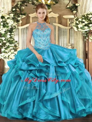 Noble Halter Top Sleeveless Organza 15th Birthday Dress Beading Lace Up