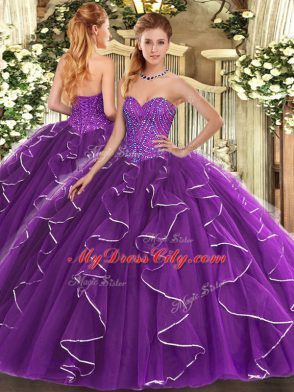 Beading and Ruffles 15th Birthday Dress Purple Lace Up Sleeveless Floor Length