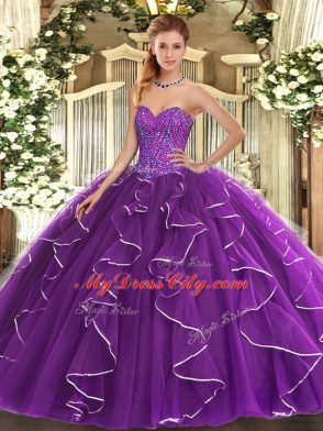 Beading and Ruffles 15th Birthday Dress Purple Lace Up Sleeveless Floor Length