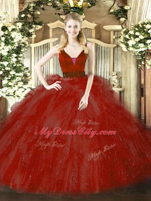 Extravagant Floor Length Zipper Sweet 16 Dress Wine Red for Military Ball and Sweet 16 and Quinceanera with Beading and Ruffles