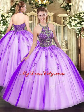 Floor Length Eggplant Purple Sweet 16 Dress Halter Top Sleeveless Lace Up