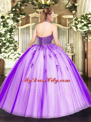 Floor Length Eggplant Purple Sweet 16 Dress Halter Top Sleeveless Lace Up