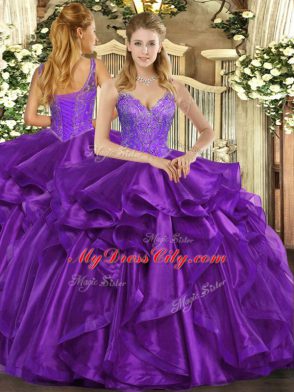 Eggplant Purple Sleeveless Floor Length Beading and Ruffles Lace Up 15 Quinceanera Dress