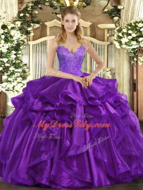 Eggplant Purple Sleeveless Floor Length Beading and Ruffles Lace Up 15 Quinceanera Dress