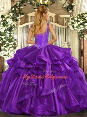 Eggplant Purple Sleeveless Floor Length Beading and Ruffles Lace Up 15 Quinceanera Dress