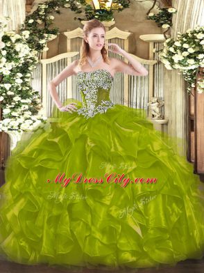 Olive Green Ball Gowns Strapless Sleeveless Organza Floor Length Lace Up Beading and Ruffles Ball Gown Prom Dress