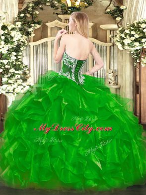 Olive Green Ball Gowns Strapless Sleeveless Organza Floor Length Lace Up Beading and Ruffles Ball Gown Prom Dress