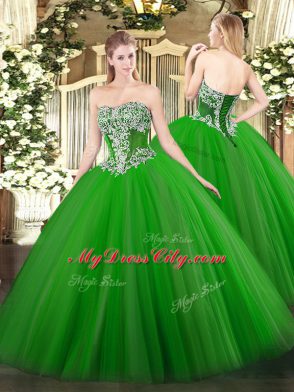 Best Green Strapless Neckline Beading Ball Gown Prom Dress Sleeveless Lace Up