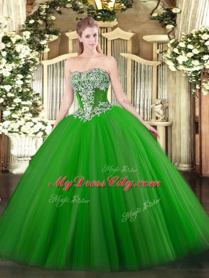 Best Green Strapless Neckline Beading Ball Gown Prom Dress Sleeveless Lace Up