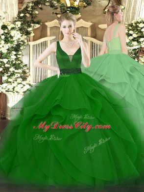 Floor Length Zipper Sweet 16 Dress Dark Green for Military Ball and Sweet 16 and Quinceanera with Beading and Ruffles