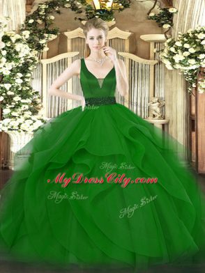 Floor Length Zipper Sweet 16 Dress Dark Green for Military Ball and Sweet 16 and Quinceanera with Beading and Ruffles