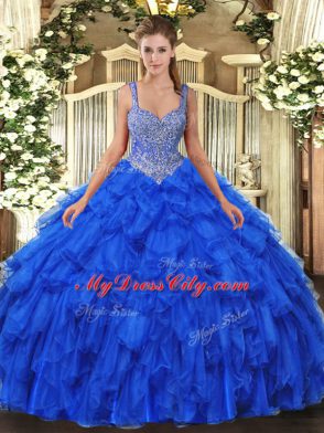 Floor Length Royal Blue 15 Quinceanera Dress Organza Sleeveless Beading and Ruffles
