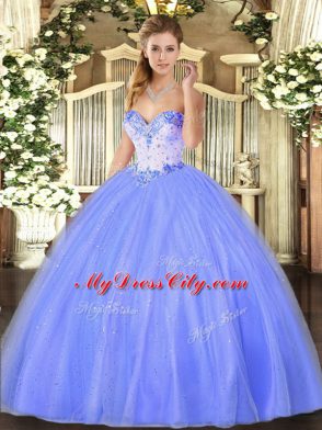 Excellent Sleeveless Tulle Floor Length Lace Up Quinceanera Gowns in Blue with Beading