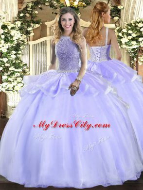 Amazing Sleeveless Organza Floor Length Lace Up Quinceanera Dresses in Lavender with Beading