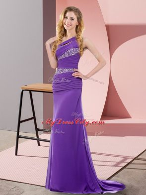 Fantastic Purple Homecoming Dress Prom and Party with Beading One Shoulder Sleeveless Sweep Train Lace Up
