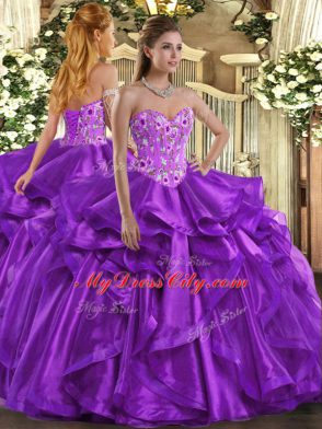 Fashion Eggplant Purple Sweetheart Lace Up Embroidery and Ruffles Quinceanera Dress Sleeveless