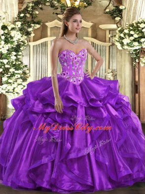 Fashion Eggplant Purple Sweetheart Lace Up Embroidery and Ruffles Quinceanera Dress Sleeveless