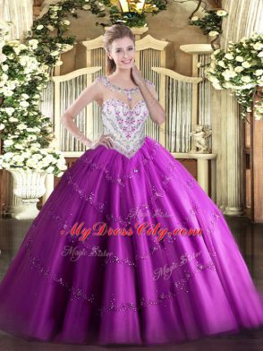 Fuchsia Ball Gowns Beading and Appliques Sweet 16 Dress Zipper Tulle Sleeveless Floor Length