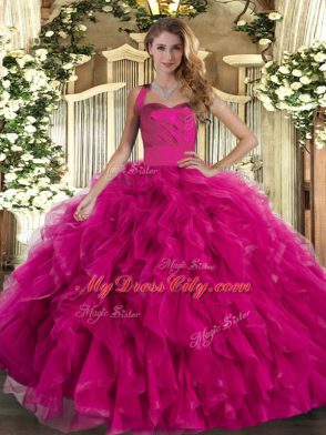 Fashionable Fuchsia Halter Top Neckline Ruffles Quinceanera Gowns Sleeveless Lace Up