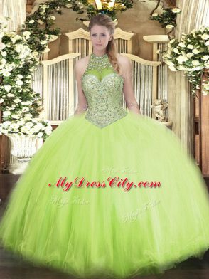 Trendy Sleeveless Floor Length Beading Lace Up 15th Birthday Dress with Yellow Green