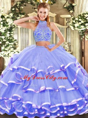 Tulle Sleeveless Floor Length Quince Ball Gowns and Beading and Ruffled Layers