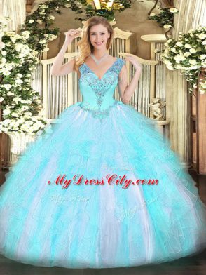 Dynamic V-neck Sleeveless Lace Up Quinceanera Dresses Aqua Blue Organza