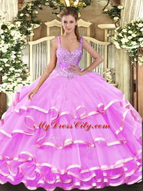 Beading and Ruffled Layers Quince Ball Gowns Lilac Lace Up Sleeveless Floor Length
