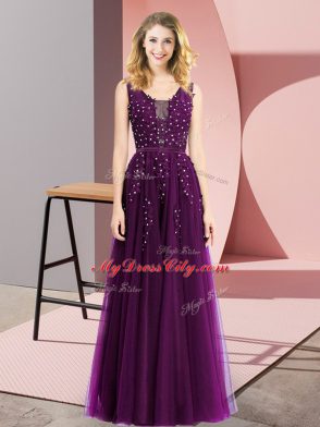 Dark Purple Empire Tulle Square Sleeveless Beading and Appliques Floor Length Backless Prom Party Dress