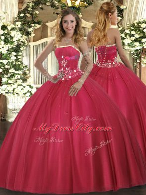 Artistic Floor Length Red Quinceanera Gowns Tulle Sleeveless Beading