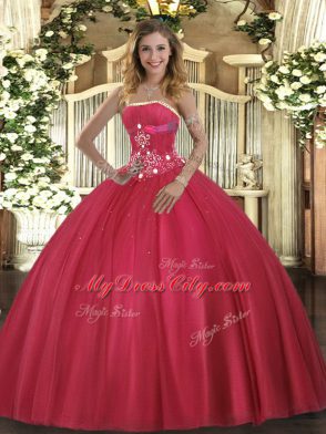 Artistic Floor Length Red Quinceanera Gowns Tulle Sleeveless Beading