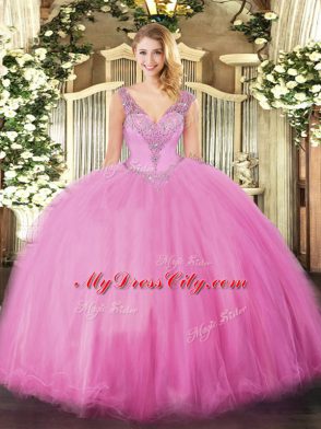 Ball Gowns Quinceanera Dress Rose Pink V-neck Tulle Sleeveless Floor Length Lace Up