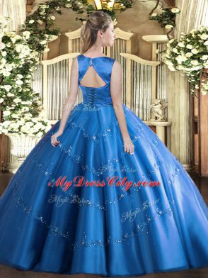 High Class Tulle Sleeveless Floor Length 15 Quinceanera Dress and Appliques