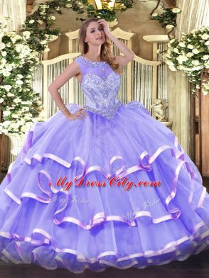 Elegant Scoop Sleeveless Organza Ball Gown Prom Dress Beading and Ruffled Layers Zipper