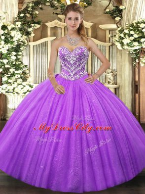 Edgy Lavender Tulle Lace Up Ball Gown Prom Dress Sleeveless Floor Length Beading
