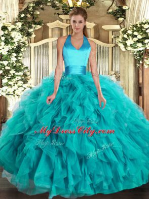 Turquoise 15 Quinceanera Dress Military Ball and Sweet 16 and Quinceanera with Ruffles Halter Top Sleeveless Lace Up