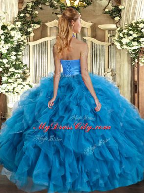 Turquoise 15 Quinceanera Dress Military Ball and Sweet 16 and Quinceanera with Ruffles Halter Top Sleeveless Lace Up