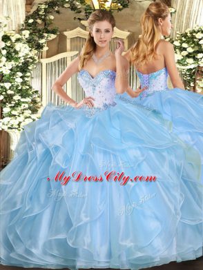 Sleeveless Organza Floor Length Lace Up 15 Quinceanera Dress in Aqua Blue with Beading and Ruffles