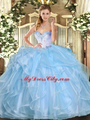 Sleeveless Organza Floor Length Lace Up 15 Quinceanera Dress in Aqua Blue with Beading and Ruffles