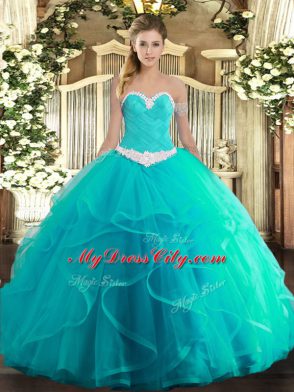 Beauteous Sleeveless Floor Length Appliques and Ruffles Lace Up Sweet 16 Dress with Turquoise