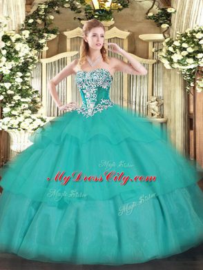 Strapless Sleeveless Tulle Vestidos de Quinceanera Beading and Ruffled Layers Lace Up