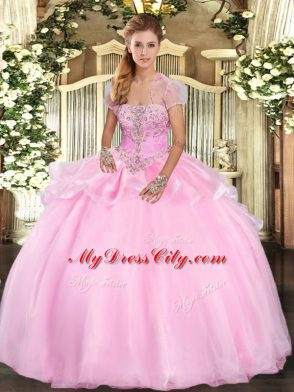 Strapless Sleeveless Organza Quinceanera Gowns Appliques Lace Up