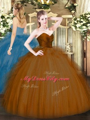 Elegant Brown Ball Gowns Sweetheart Sleeveless Tulle Floor Length Zipper Ruffles Sweet 16 Dress